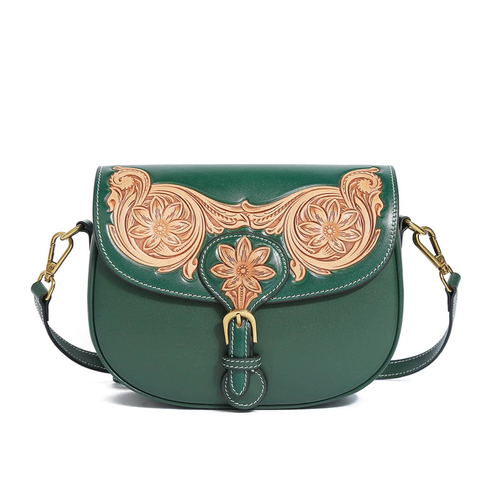 Handmade Genuine Leather Women's Shoulder Bag - Exquisite Leather Carving & Ethnic Style Crossbody Saddle Bag for Casual Outings, Travel & Everyday Use