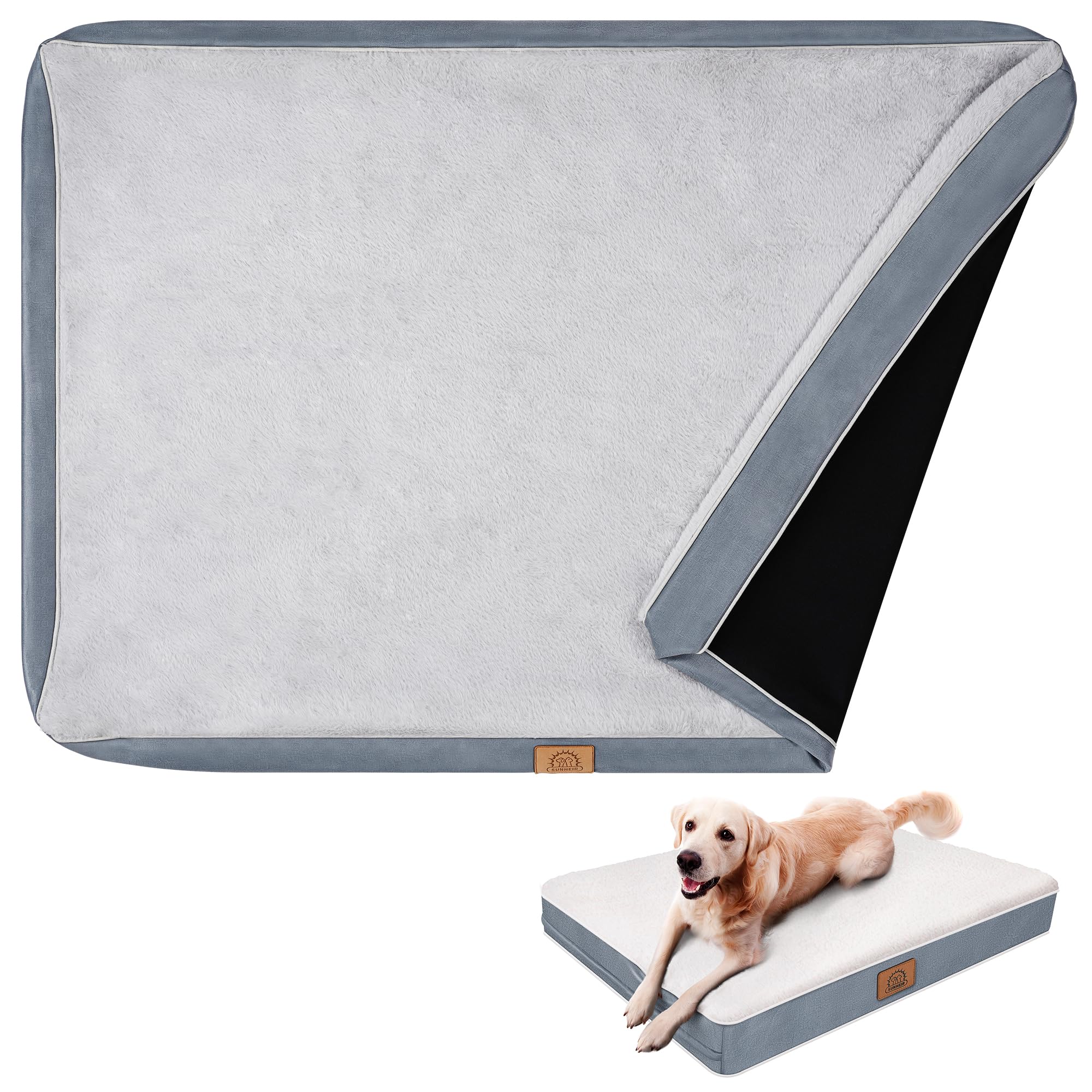 Soft Plush Washable Waterproof Dog Bed Cover with Zipper - Jumbo Extra Large 47x29x4 Inches Replacement Pet Bed Cover (Gray) - Perfect for Large Dogs, Indoor Use & Machine Washable Protection
