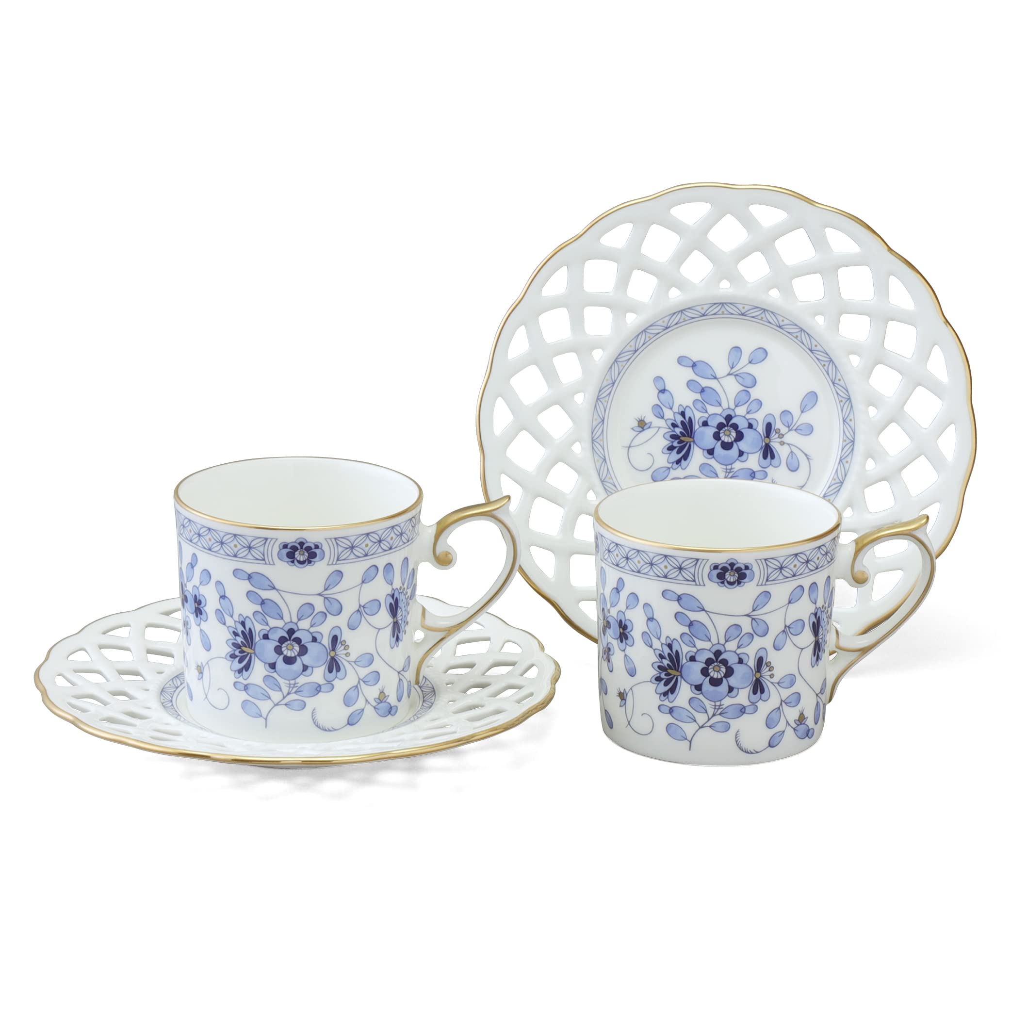 Narumi 9682-20894 Blue Floral Plum Blossom Coffee Cup and Saucer Set - 5.3 fl oz (160cc) - Japanese Porcelain Tea Cup Pair with Gift Box - Perfect for Wedding Gifts, Afternoon Tea, and Home Decor