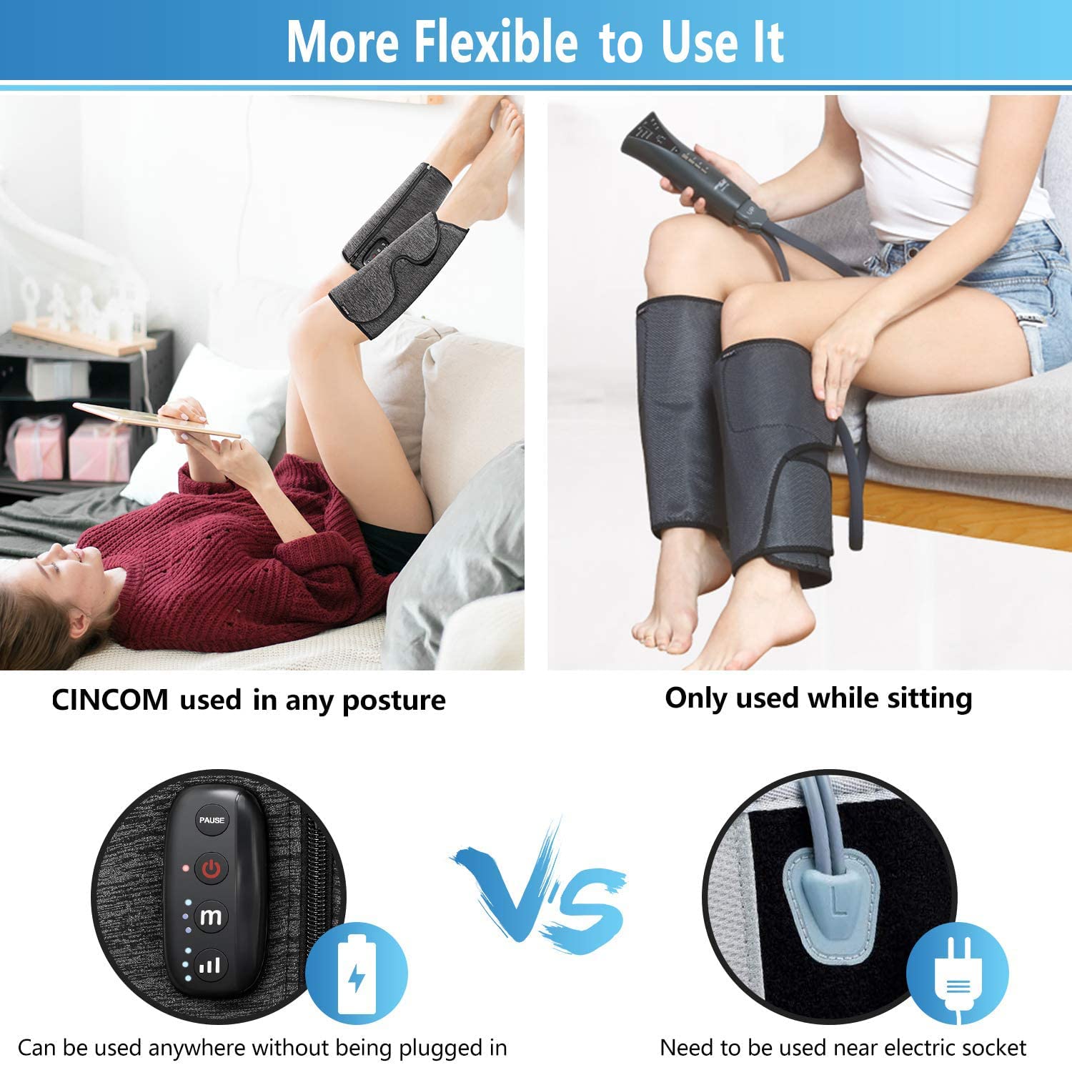 CINCOM Cordless Leg Massager for Calf Pain Relief - Rechargeable Air Compression Massager with 3 Intensity Levels & 3 Modes, Improves Blood Circulation - Perfect Gift for Men & Women (Pair) - Ideal for Post-Workout Recovery, Office Relaxation & Home Use