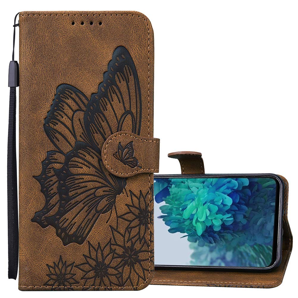 Vintage Embossed Butterfly Leather Wallet Case for iPhone 12 Pro Max - PU Leather Book Style Shockproof Cover (Brown CY3) | Perfect for Daily Use, Travel & Business Protection