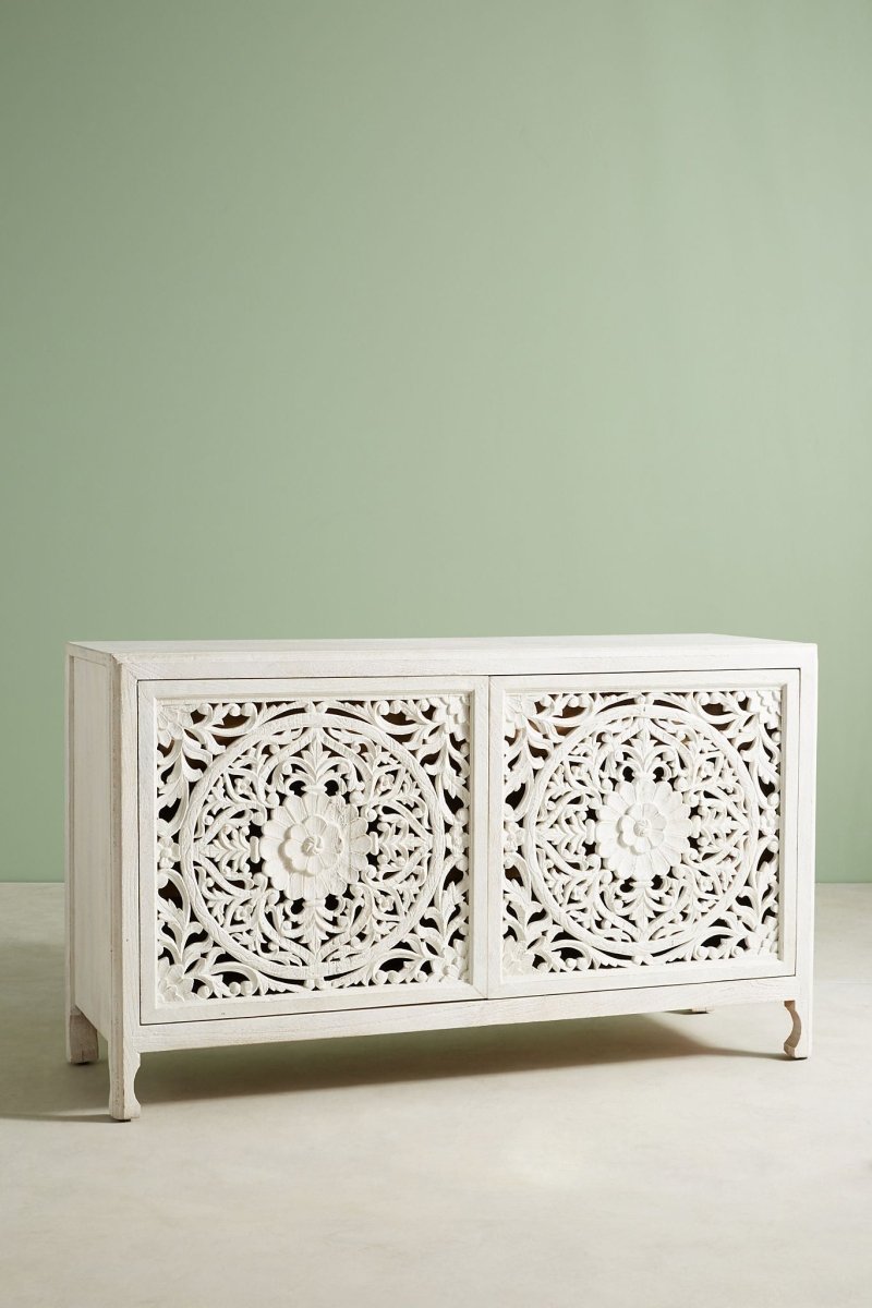 Hand Carved White Lombok Buffet Table - Custom Made Solid Wood Sideboard for Dining Room & Living Room Storage | Elegant Home Decor Furniture