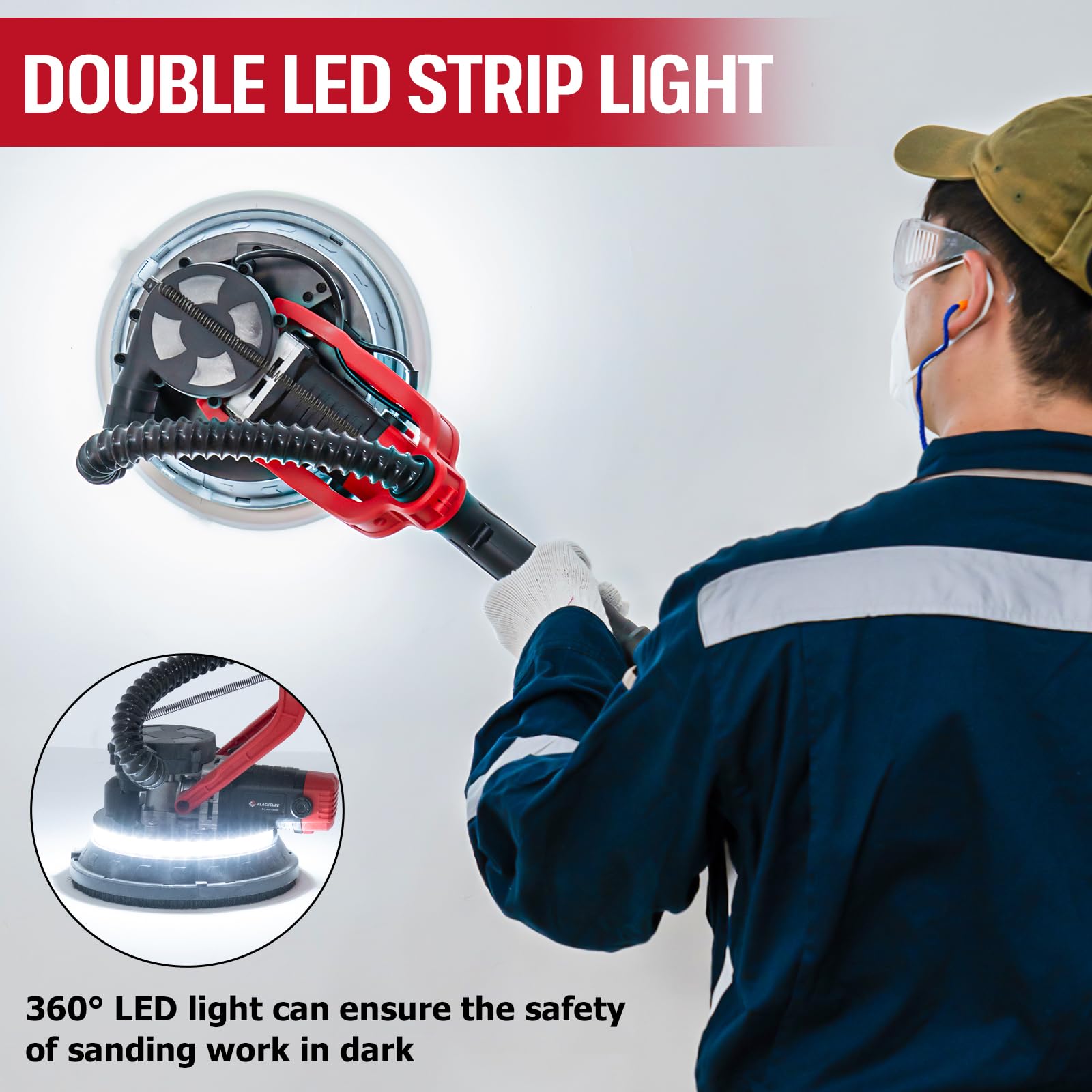 880W Electric Drywall Sander with Vacuum Dust Collection - Blackcube Popcorn Ceiling Removal Tool, 5 Variable Speed (1000-2100 RPM), LED Lights & 14 Sanding Discs - Perfect for Drywall Repair, Ceiling Texturing and DIY Home Renovation Projects