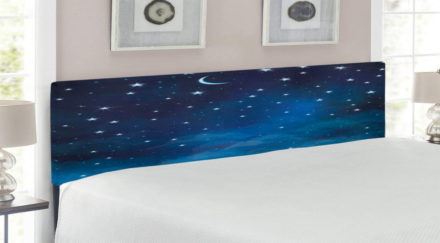 Ambesonne King Size Upholstered Headboard - Abstract Night Sky with Stars & Crescent Moon Design, Dark Blue Memory Foam Bed Headboard for Bedroom Decor | Perfect for Master Bedrooms, Guest Rooms & Astrology Lovers
