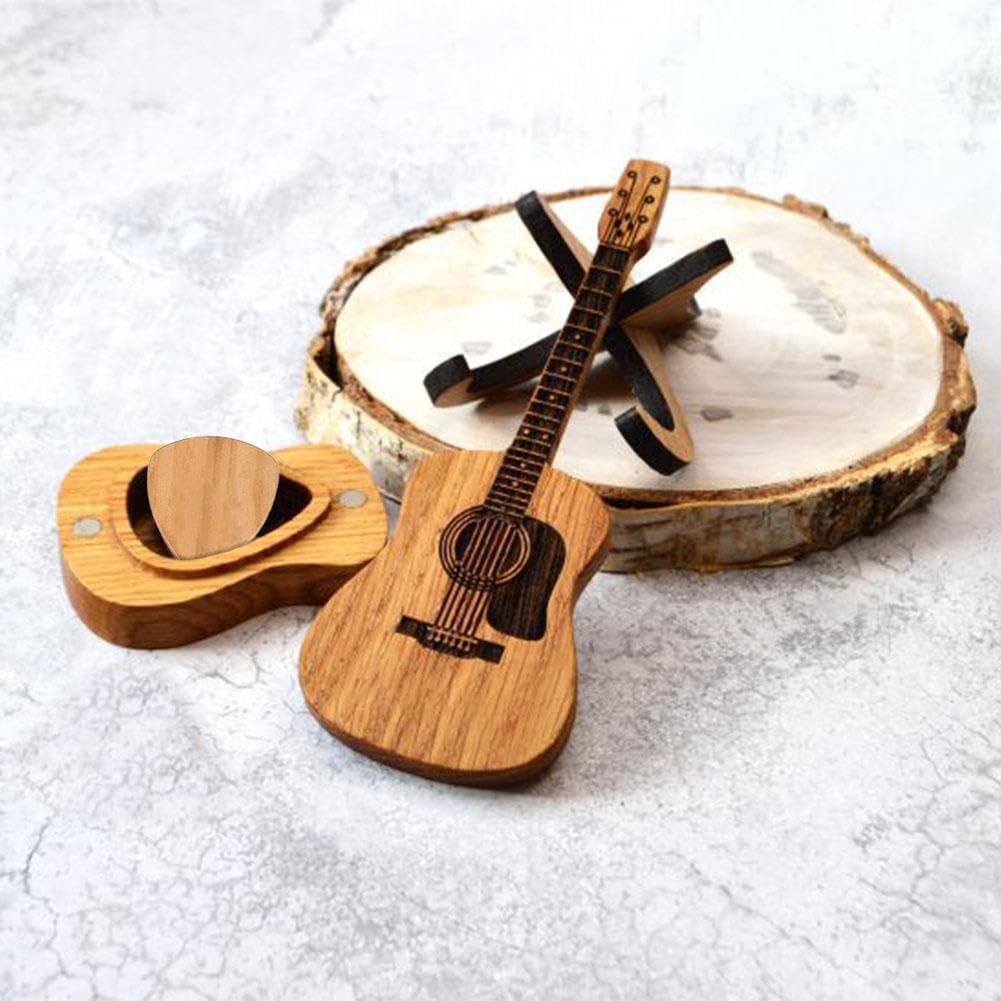 Premium Wooden Guitar Pick Box with Stand - 3 Unique Guitar Picks Included - Engraved Plectrum Holder Case for Acoustic, Electric, Bass & Ukulele - Perfect Gift for Musicians & Music Lovers - Ideal for Home, Studio & Travel Use