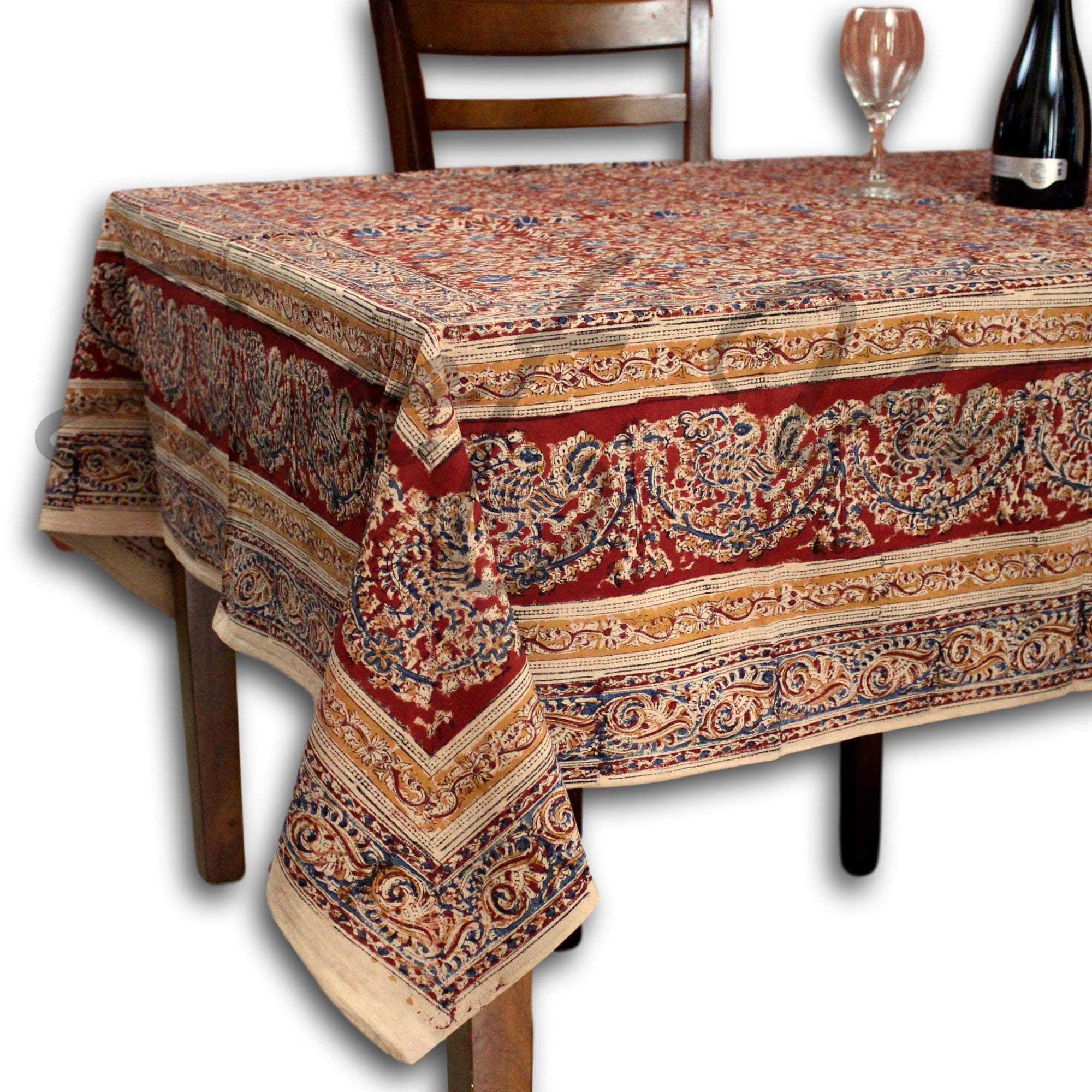 Handmade Homestead Vegetable Dye Block Print Cotton Tablecloth - Red Beige Floral Design (60x90 Inches) for Dining Room, Kitchen Decor & Farmhouse Style Tables
