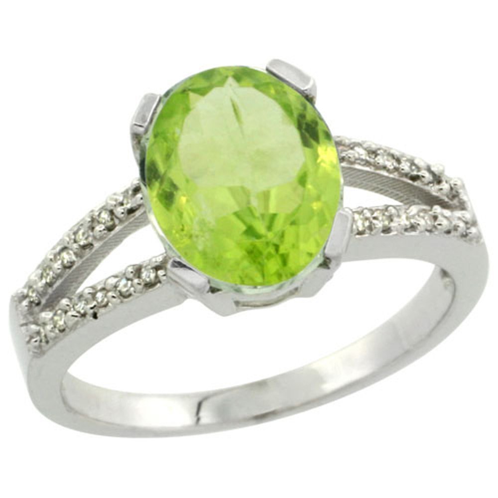 10x8mm Oval Natural Peridot Sterling Silver Diamond Halo Ring - 3/8 Inch Wide, Size 5-10 | Perfect for Engagement, Anniversary & Special Occasion Gifts