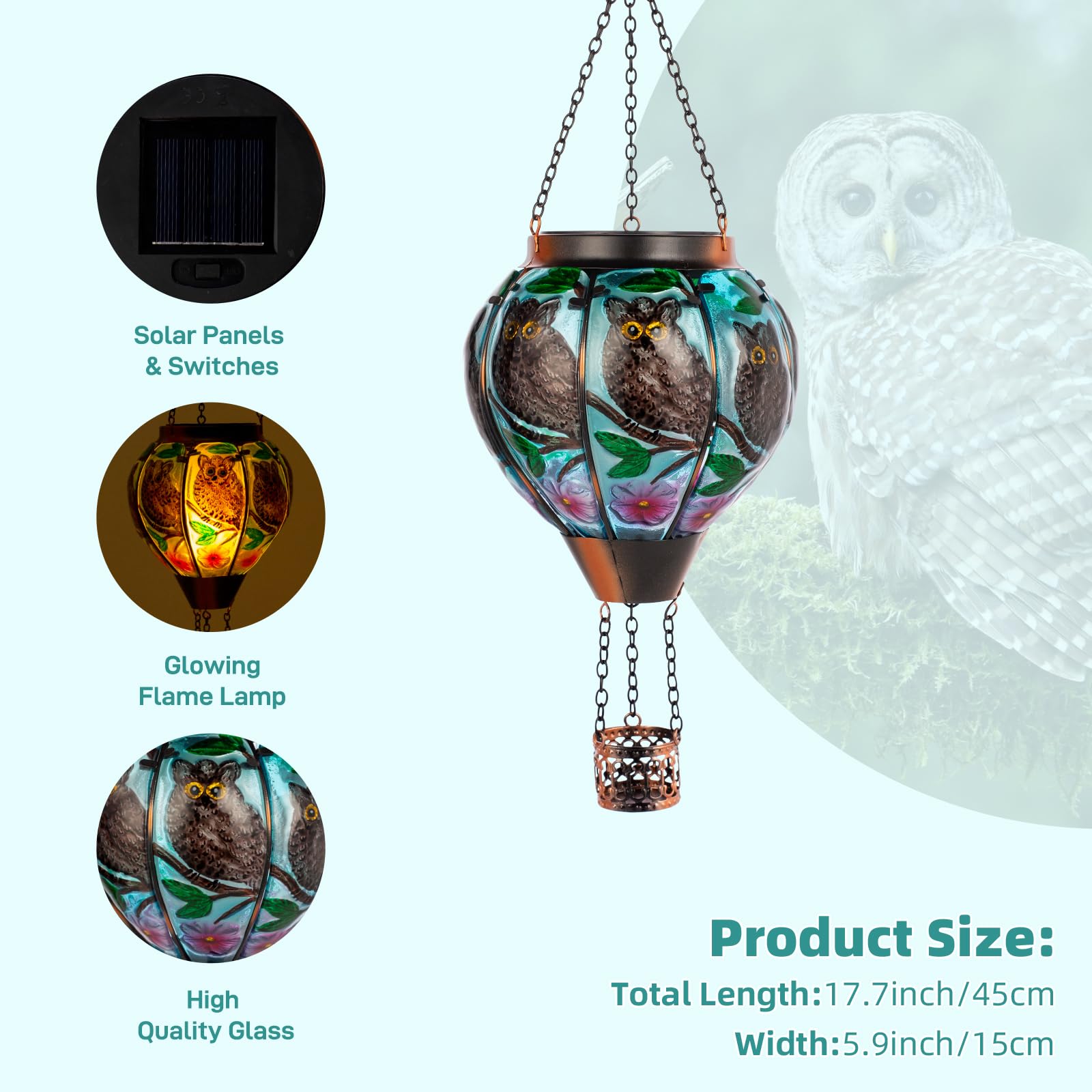 Solar-Powered Owl Hot Air Balloon Lantern with Flame Effect - Waterproof Outdoor Hanging Light for Garden, Patio, Porch & Yard Decor | Perfect for Romantic Evenings, Parties & Landscape Lighting