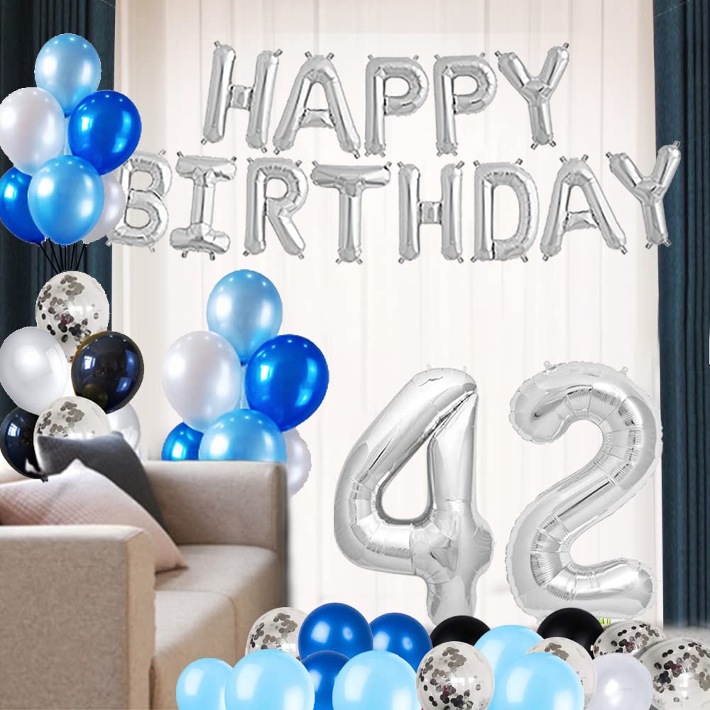 42nd Birthday Party Decorations Set - Foil Happy Birthday Banner, Number 42 & Star Balloons, 43pcs Blue & Silver Latex Balloons | Perfect for Adult Birthday Celebrations, Milestone Parties & Anniversary Decor