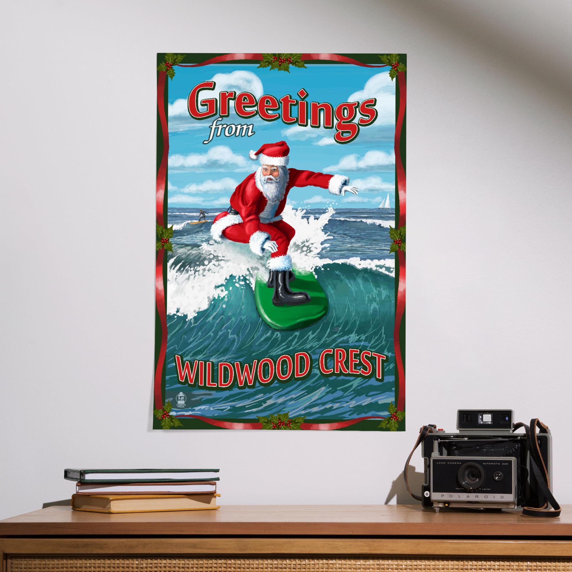 Lantern Press 16x24 Inch Giclee Art Print - Santa Surfing in Wildwood Crest, New Jersey | Coastal Wall Decor for Beach House, Surf Shack or Holiday Themed Room