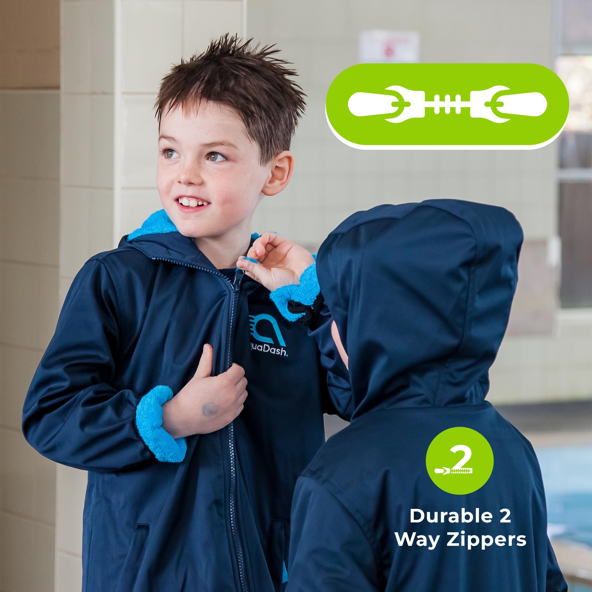 AquaDash Kids Extra Long Swim Parka - Natural Cotton Waterproof Hooded Towel Robe for Boys & Girls - Perfect for Swimming Lessons, Beach, Pool & After-Sport Warmth