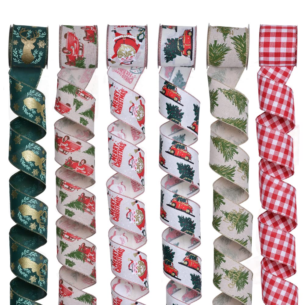 YAMA Christmas Ribbon Wired 6 Rolls (30 Yards Total) - 2.5 Inch Wide Red Green Plaid Ribbon for Tree Decor, Wreaths, Gift Wrapping & DIY Crafts | Perfect for Holiday Decorations, Party Supplies & Festive DIY Projects