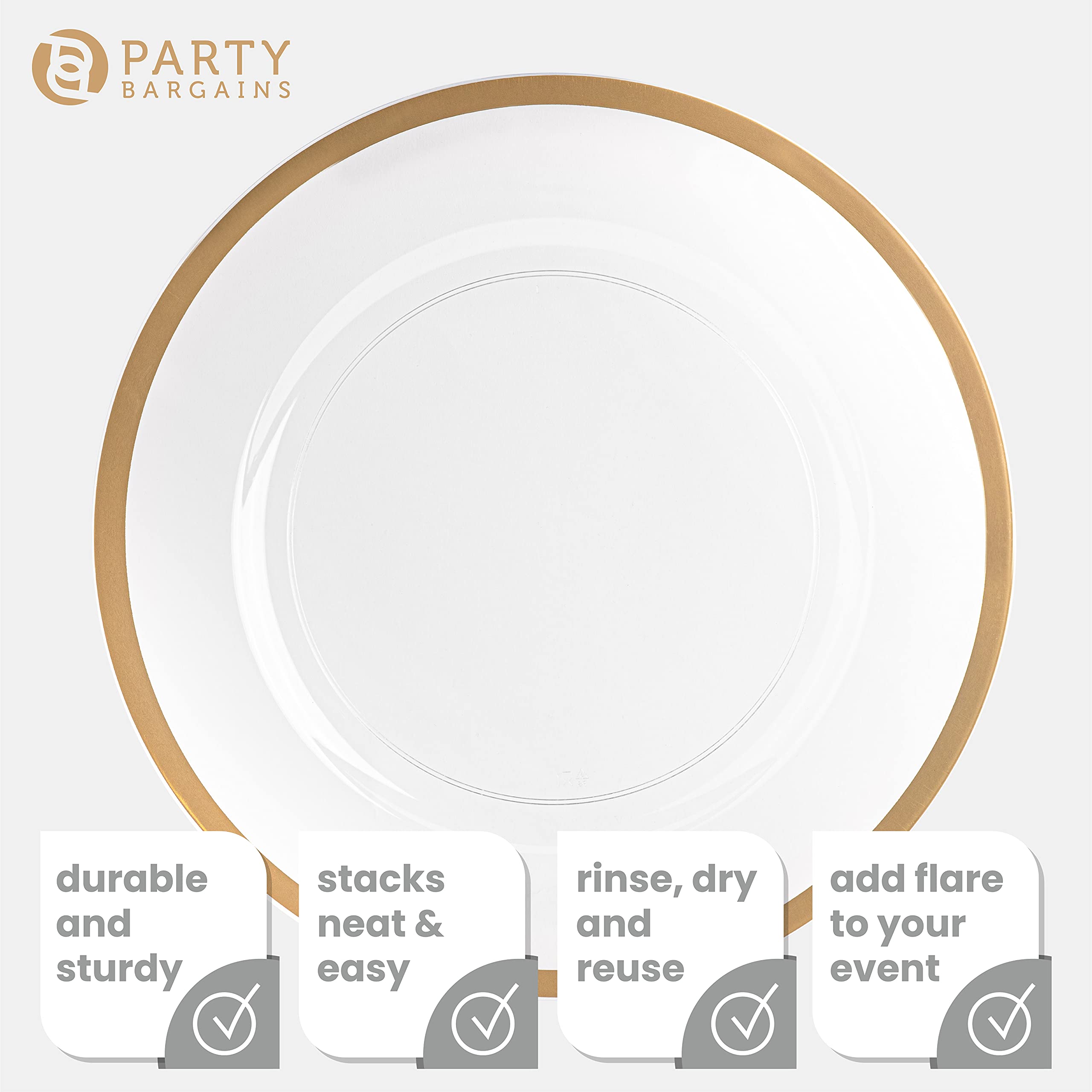 13-Inch Clear Gold Rim Disposable Charger Plates - 96 Pack Heavy-Duty Elegant Dining Plates for Weddings, Parties & Formal Events - Perfect for Buffets, Banquets & Upscale Catering