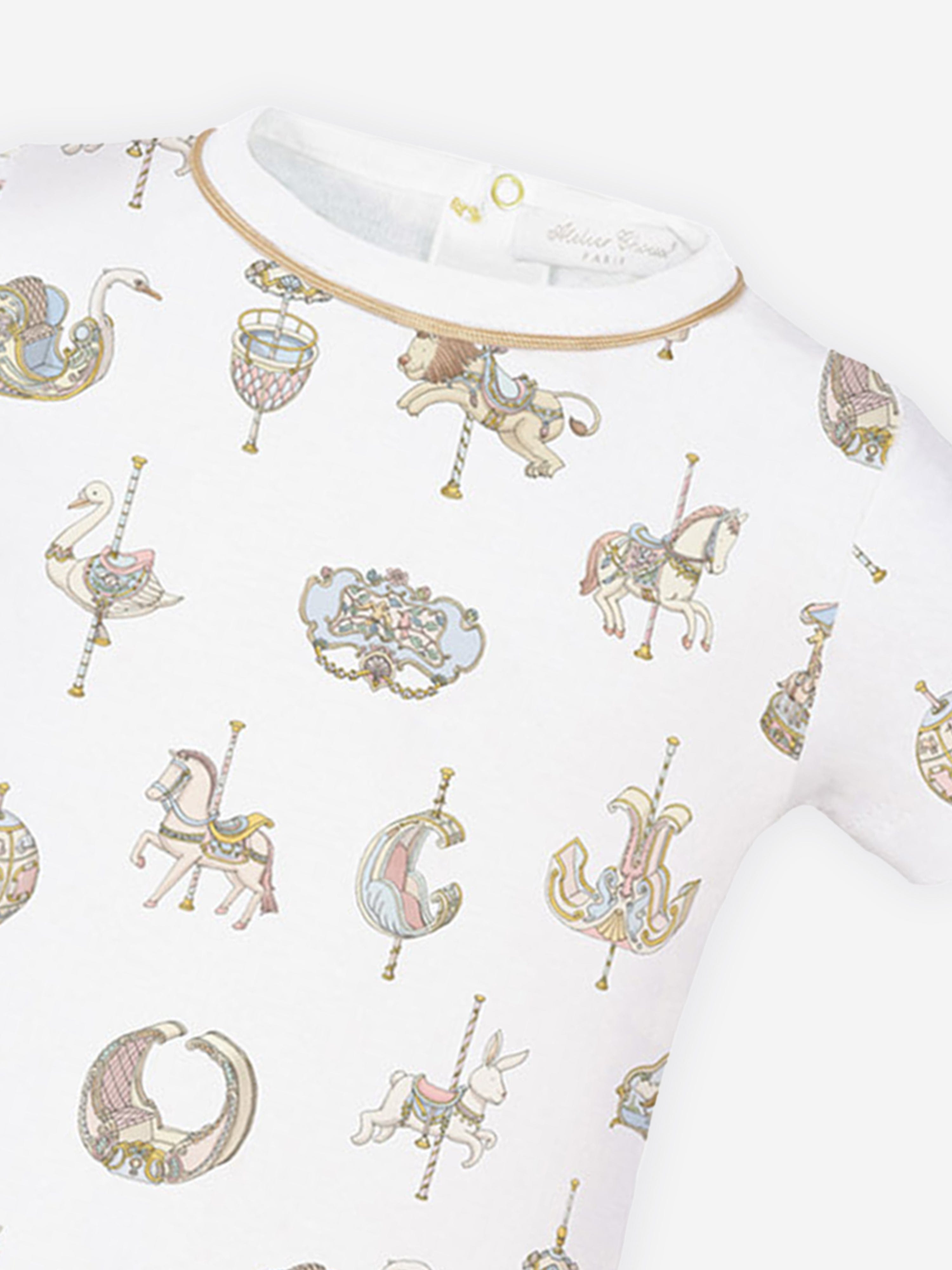 Atelier Choux White Baby Carousel Onesie - Soft Organic Cotton Bodysuit for Newborns & Infants | Perfect for Photo Shoots, Special Occasions & Everyday Wear