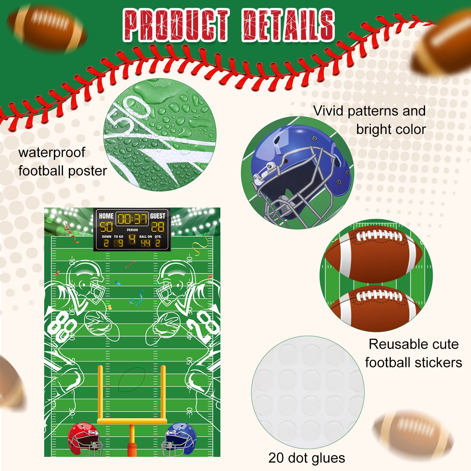 48 Pcs Football Party Stickers - Pin The Football Game for Kids Birthday Party Decorations & Activities - Large Goalpost Pin Game - Perfect for Sports Themed Parties, School Events & Family Game Nights