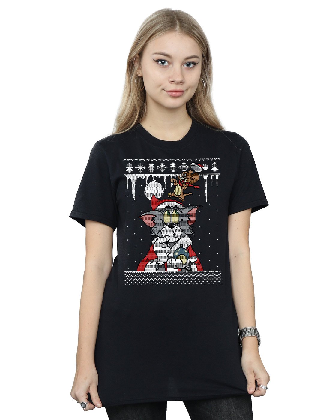 TOM and JERRY Women's Christmas Fair Isle Boyfriend Fit T-Shirt | Cute Cartoon Graphic Tee for Holiday Parties & Casual Wear