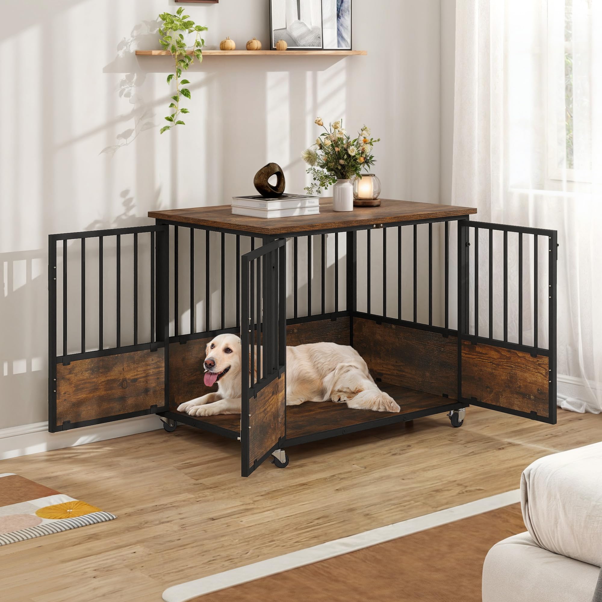 DWVO 38 Inch Rustic Brown Farmhouse Dog Crate Furniture with Wheels - Chew-Resistant Wooden Kennel End Table with Double Doors for Indoor Use | Perfect for Living Room, Bedroom & Home Decor