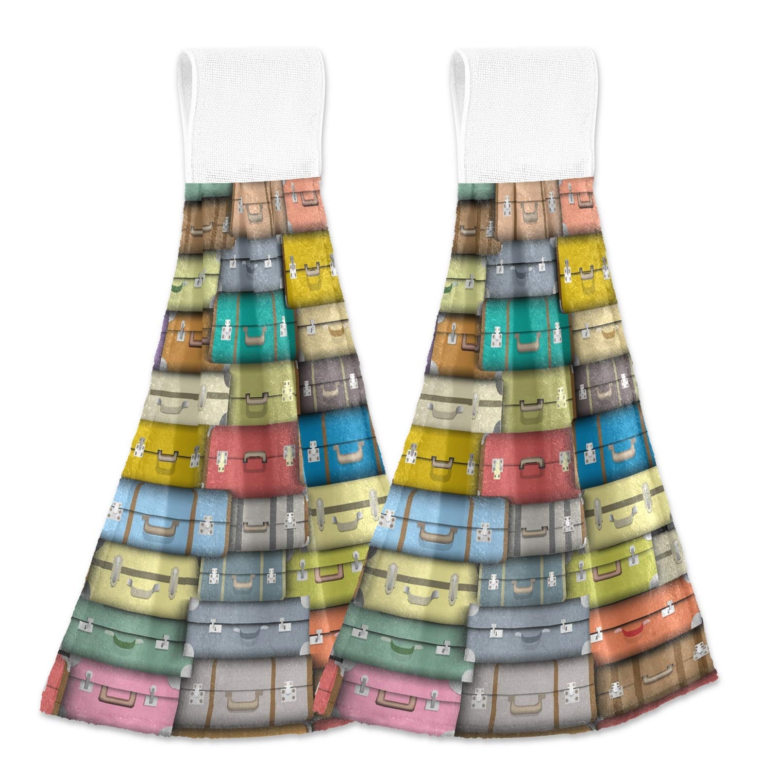 2-Pack Colorful Hanging Kitchen Hand Towels with Hook & Loop - Absorbent Dishcloths Set for Tea Bar, Bath & Decorative Use - Suitcase Pattern Design
