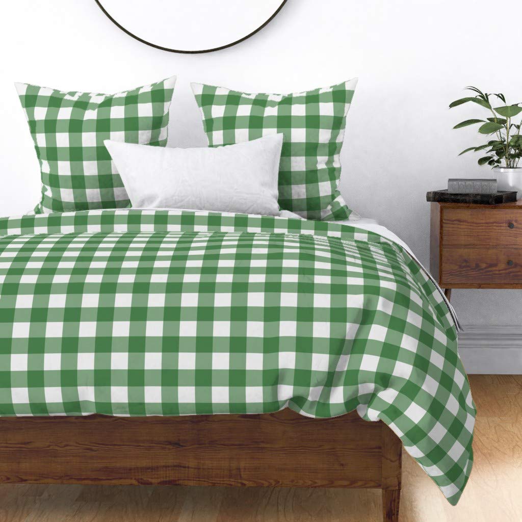 Custom Spoonflower Cotton Sateen Duvet Cover - Full/Queen Size Green Check Gingham Buffalo Plaid Summer Print Bedding Set | Perfect for Picnics, Summer Decor & Farmhouse Style Bedrooms