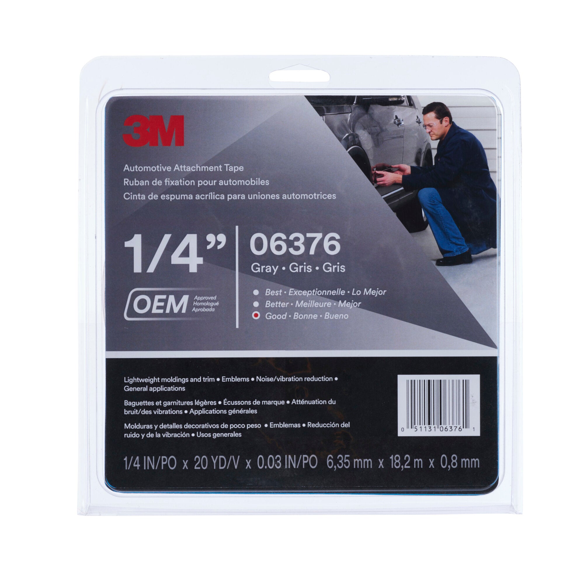3M Automotive Attachment Tape 06376 - Heavy Duty Gray Double Sided Tape, 0.76mm Thick x 1/4 Inch x 20 Yards - Perfect for Car Trim, Emblems, and Auto Body Repairs