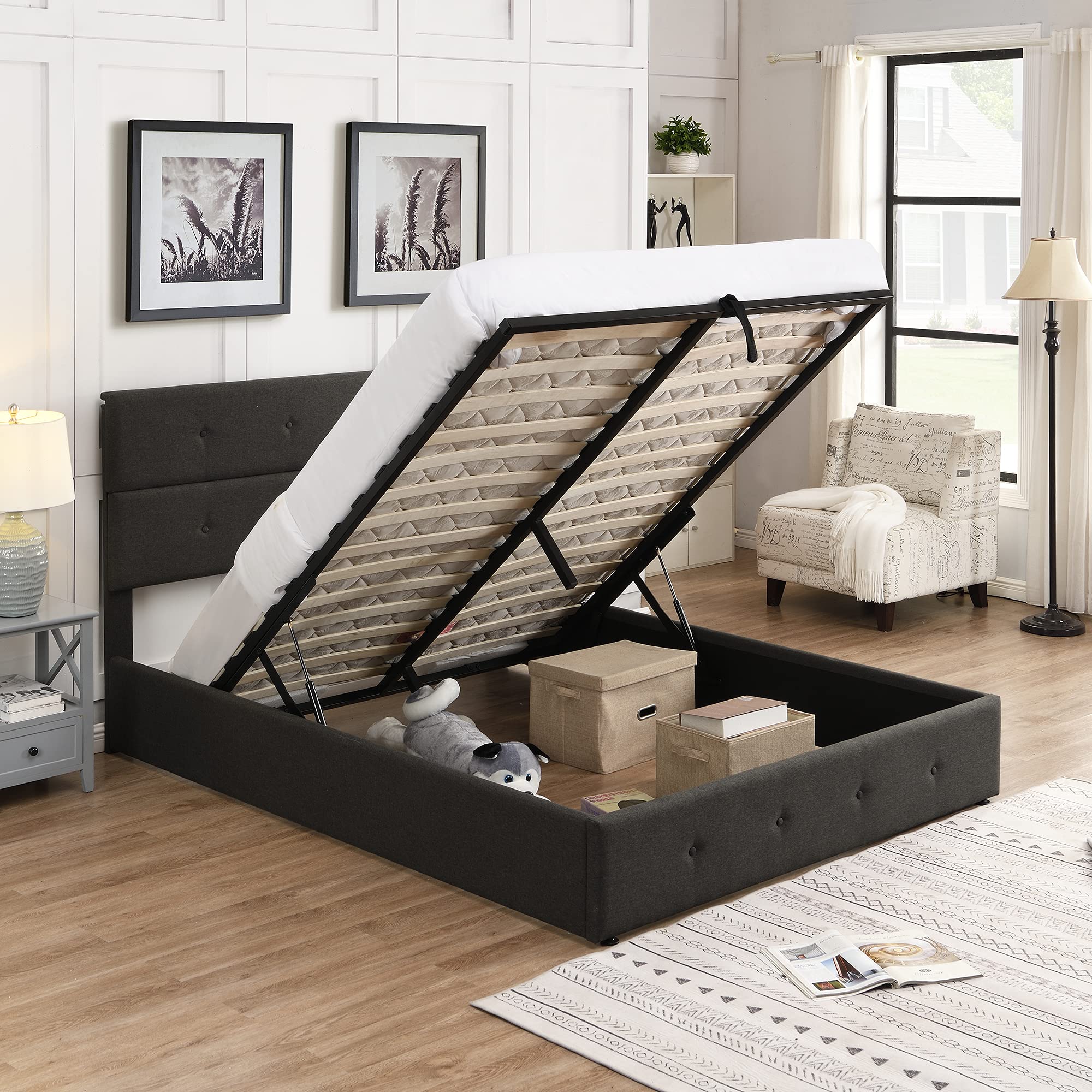 Queen Size Upholstered Platform Bed Frame with Lift-Up Storage & Headboard - Grey | Underbed Storage Bed with Gas Lift Mechanism for Small Spaces, Bedroom Organization & Modern Home Decor