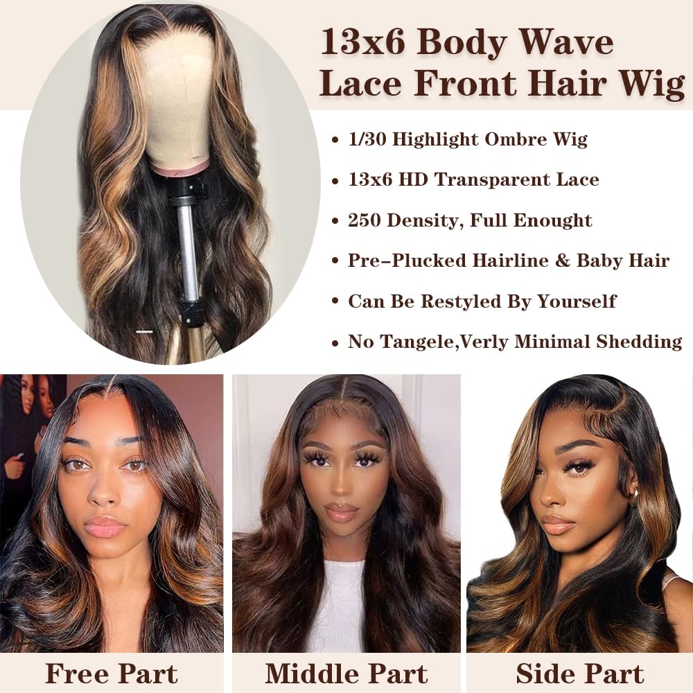 13x6 HD Lace Front Wig Human Hair 1B/30 250% Density Body Wave Blonde Ombre Highlight Glueless Wig for Women - 26 Inch Long, Natural Look for Daily Wear, Parties & Special Occasions