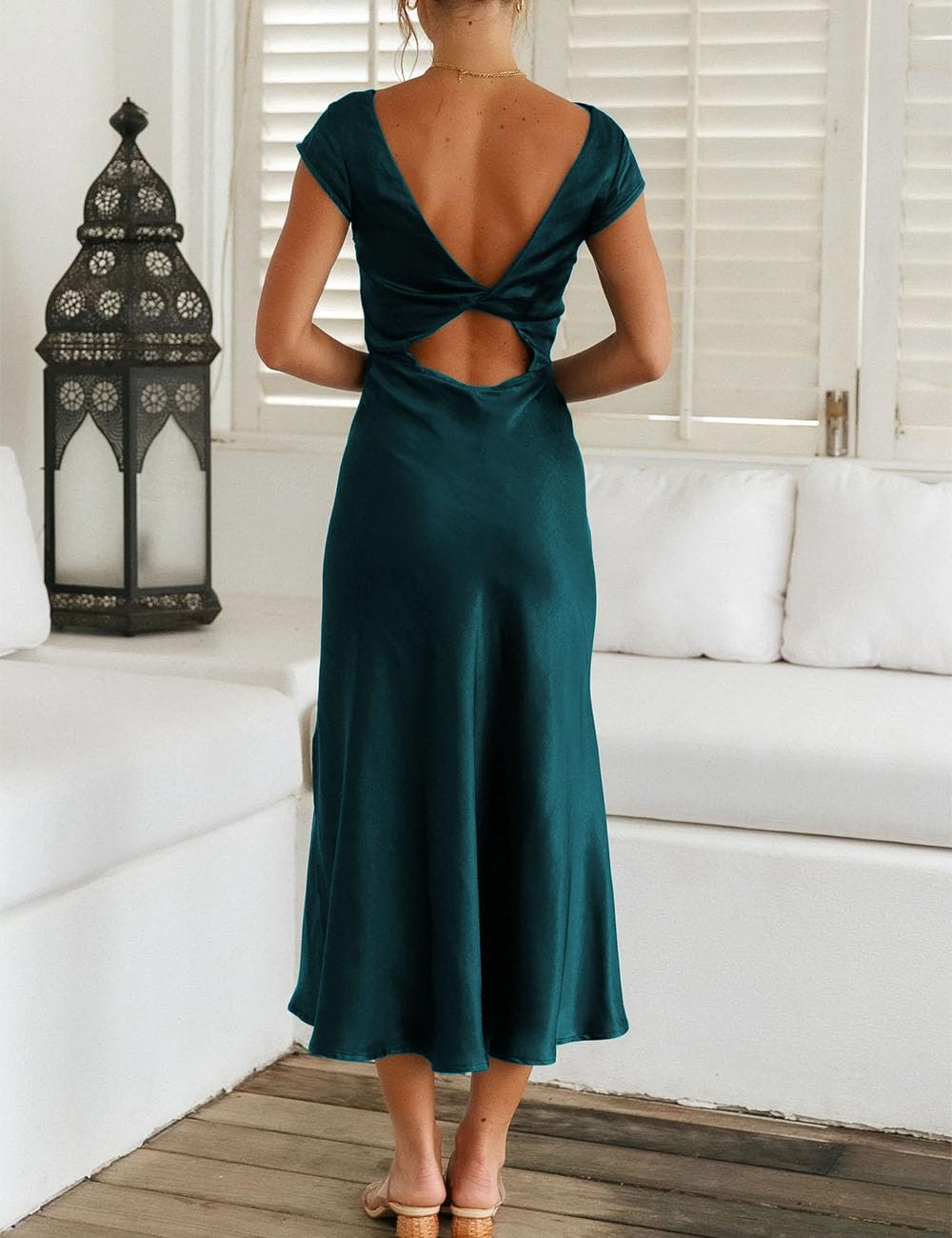 Elegant Backless Satin Midi Dress for Women - Summer 2025 Cowl Neck Twist Cap Sleeves Cocktail Dress with Slit | Perfect for Wedding Guest, Party & Special Occasions