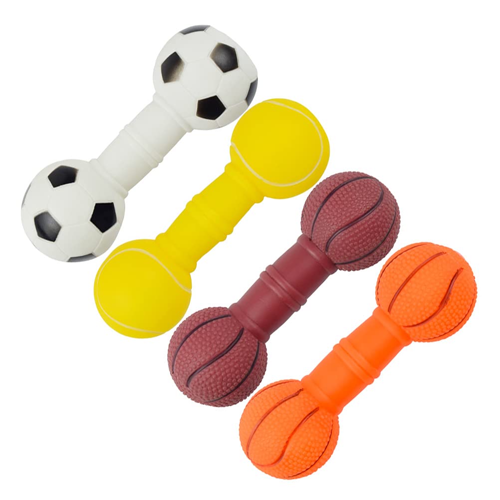 4 Pack Durable Dog Chew Toys - Interactive Rubber Balls & Squeaky Puppy Toys for Small & Large Dogs - Safe Molar Toys for Teething, Bouncing Play & Training - Includes Puppy Barbell Sound Toy (Vinyl) - Perfect for Indoor/Outdoor Play, Puppy Training & Teeth Cleaning