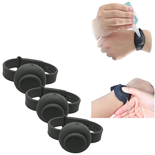 HigherMou Portable Hand Sanitizer Dispenser Bracelet - Refillable Silicone Wristband for Hand Sanitizer, Lotion, Shampoo & Toiletries (10ML, 3 Pack, Black) | Leakproof & Squeezable Design for Travel, Gym, Office & Outdoor Activities