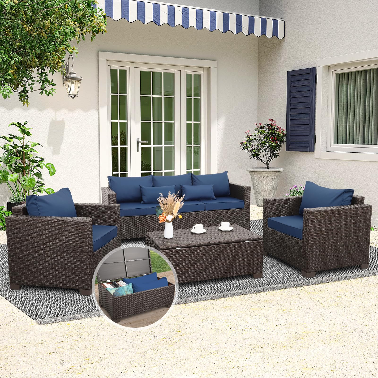 4-Piece Patio Furniture Set with Outdoor Couch, 2 Chairs & Storage Table - Waterproof Navy Blue Cushions & No-Slip Covers - Perfect for Backyard, Garden, Poolside Relaxation