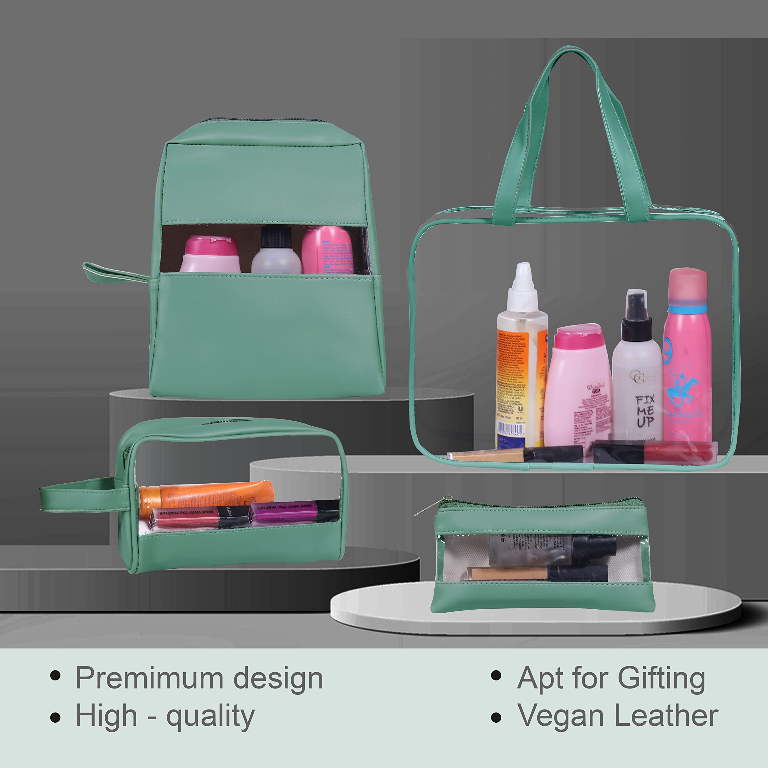Lwvax 4-Piece Clear Makeup Pouch Set - Vegan Leather Cosmetic Organizer Travel Bag for Women & Girls, Waterproof Toiletry Storage Kit (Green) - Perfect for Travel, Gym, and Daily Essentials Organization
