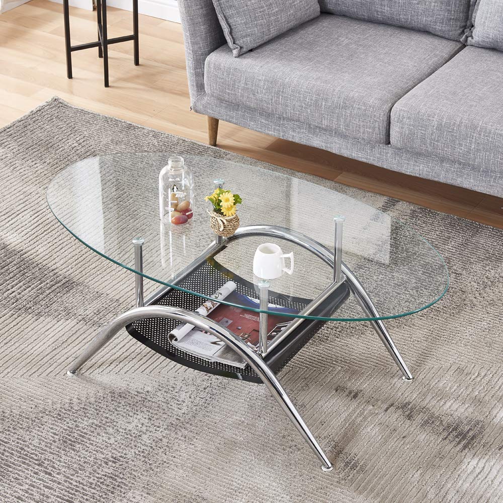 Modern Oval Coffee Table with Tempered Glass Top - Round Oval Center Table for Living Room, Bedroom & Lounge - Perfect for Sofa Side, Cocktail Parties & Home Decor