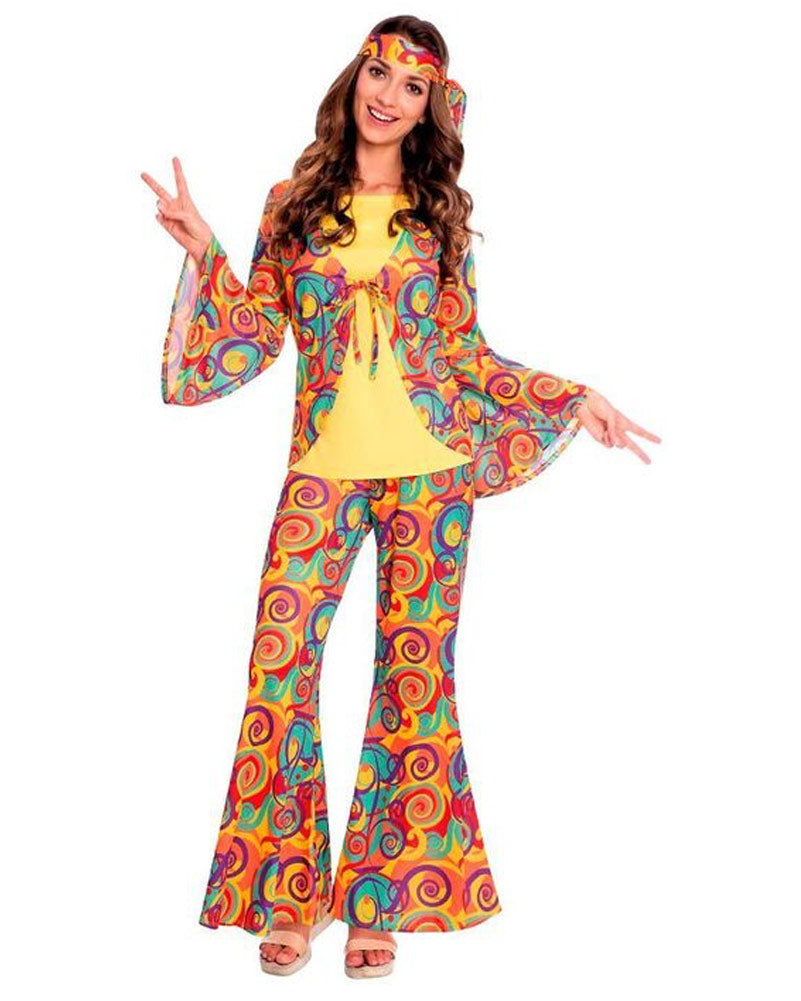 60s Swirl Hippie Women's Costume - Vintage 1960s Hippie Outfit for Halloween, Theme Parties & Retro Events - Groovy Tie-Dye Dress with Bell Sleeves