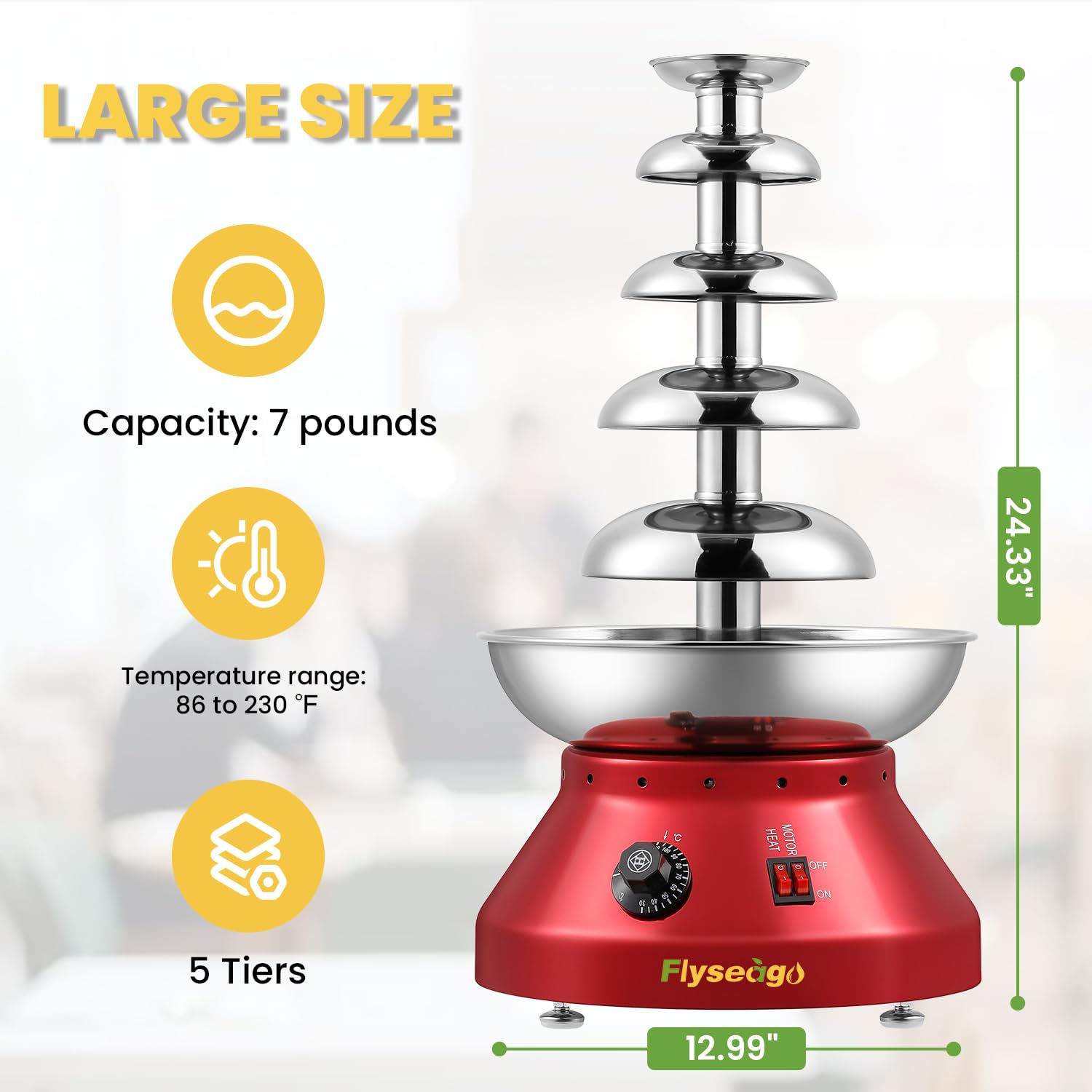 Commercial Chocolate Fountain Machine - 5 Tier 7-Pound Stainless Steel Hot Chocolate Fondue Tower with Large Capacity for Melting Chocolate, Nacho Cheese & Liqueurs | Perfect for Weddings, Parties & Catering Events (Vintage Red)