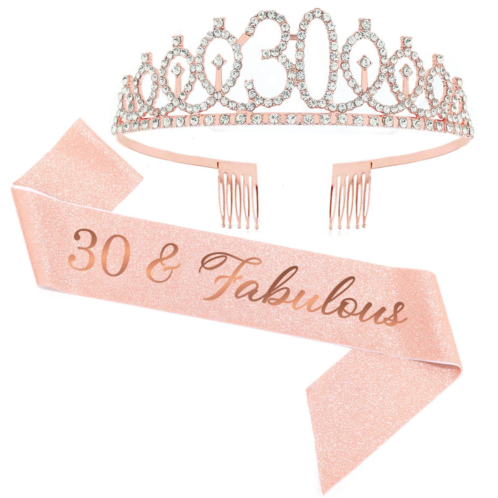 30th Birthday Sash and Tiara Set - Rose Gold Glitter 