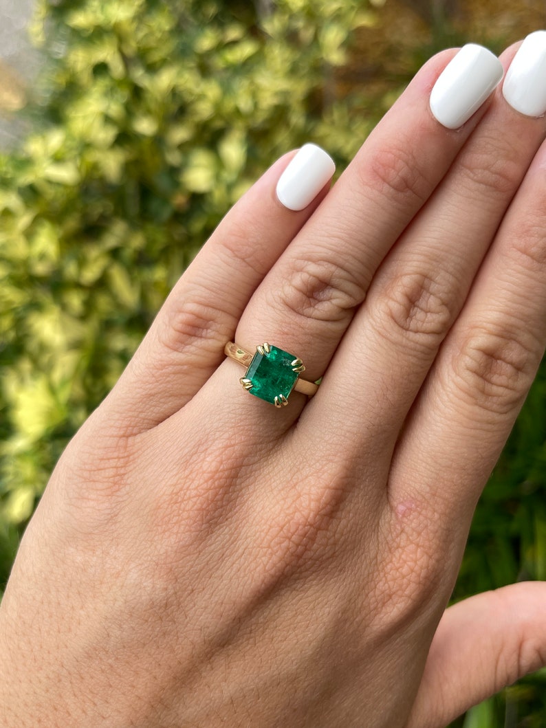 3.24ct AAA+ Vivid Dark Green Emerald Asscher Cut Ring - 18K Solid Yellow Gold Double Prong Claw Setting for Women, Perfect for Engagement, Anniversary & Special Occasions