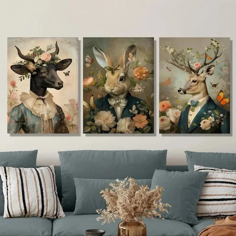 3-Piece 2D Victorian Animal Portraits Wall Art Set - Framed Canvas 40x60cm (16x24in) | High Quality Print | 100% Australian Made | Ready to Hang | Perfect for Living Room, Bedroom or Office Decor