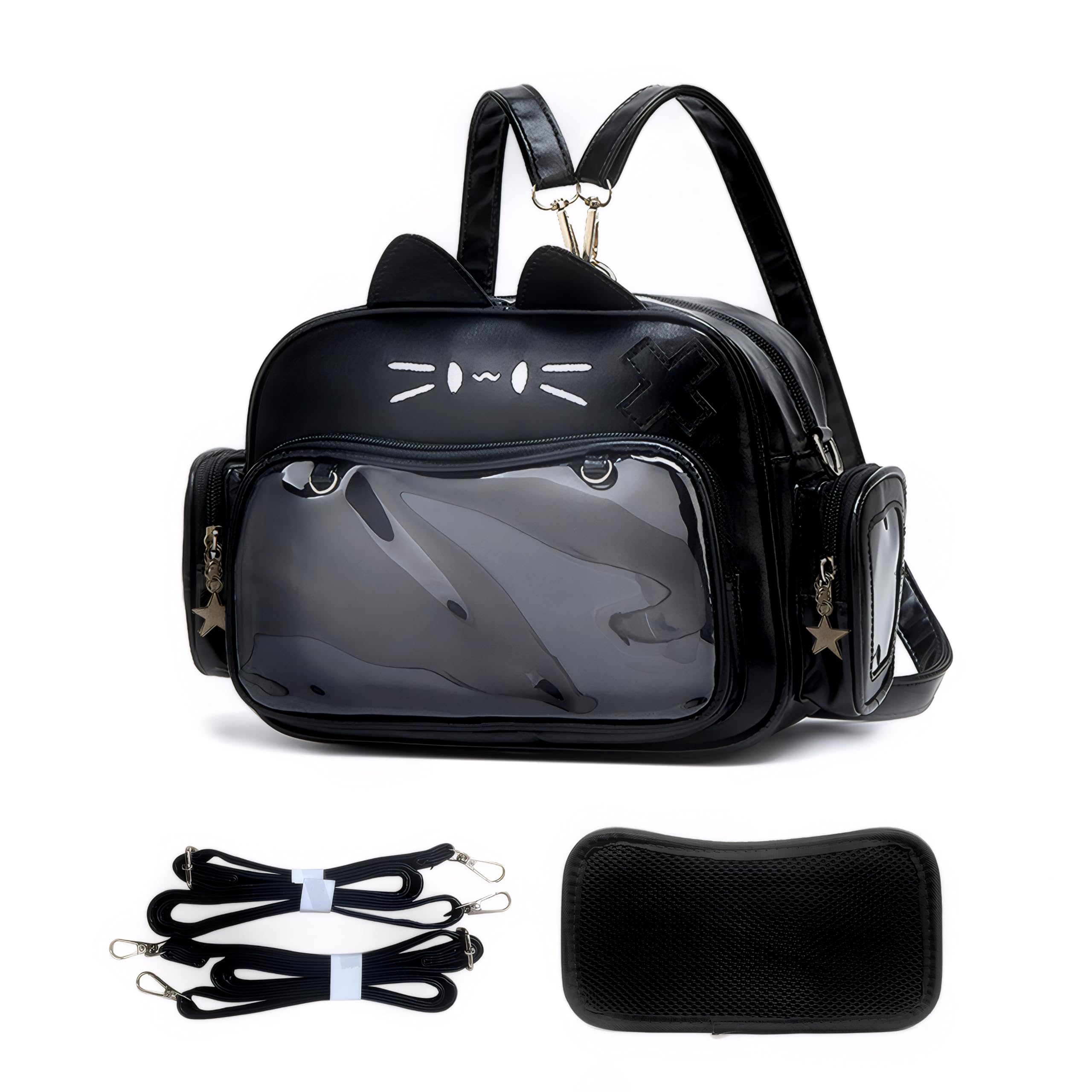 Kawaii Cat Ita Backpack for Girls - Cute Crossbody Shoulder Bag with Pin Display (Black) for Anime & Cosplay