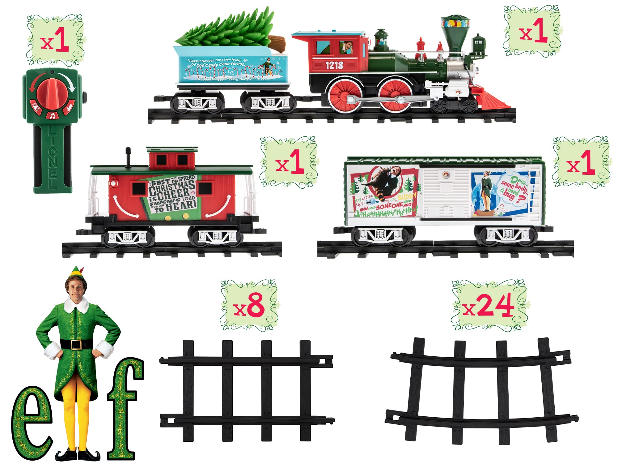 Lionel Battery-Powered Elf Toy Train Set with Locomotive, 4 Train Cars, 8-Piece Track & Remote Control - Realistic Train Sounds & LED Lights for Kids Ages 4+ | Perfect for Christmas Decorations, Birthday Gifts & Holiday Playtime