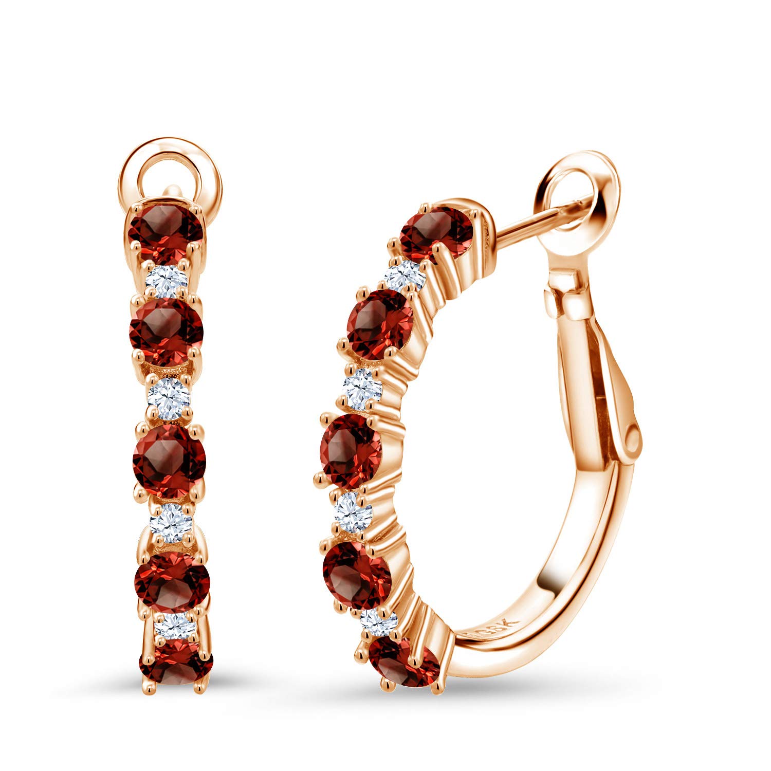 18K Rose Gold Plated Silver Red Garnet Hoop Earrings for Women - 1.74 Cttw, Round Cut 3MM & 1.8MM, 3/7 Inch Diameter | Elegant Dangle Earrings for Party, Wedding & Everyday Wear
