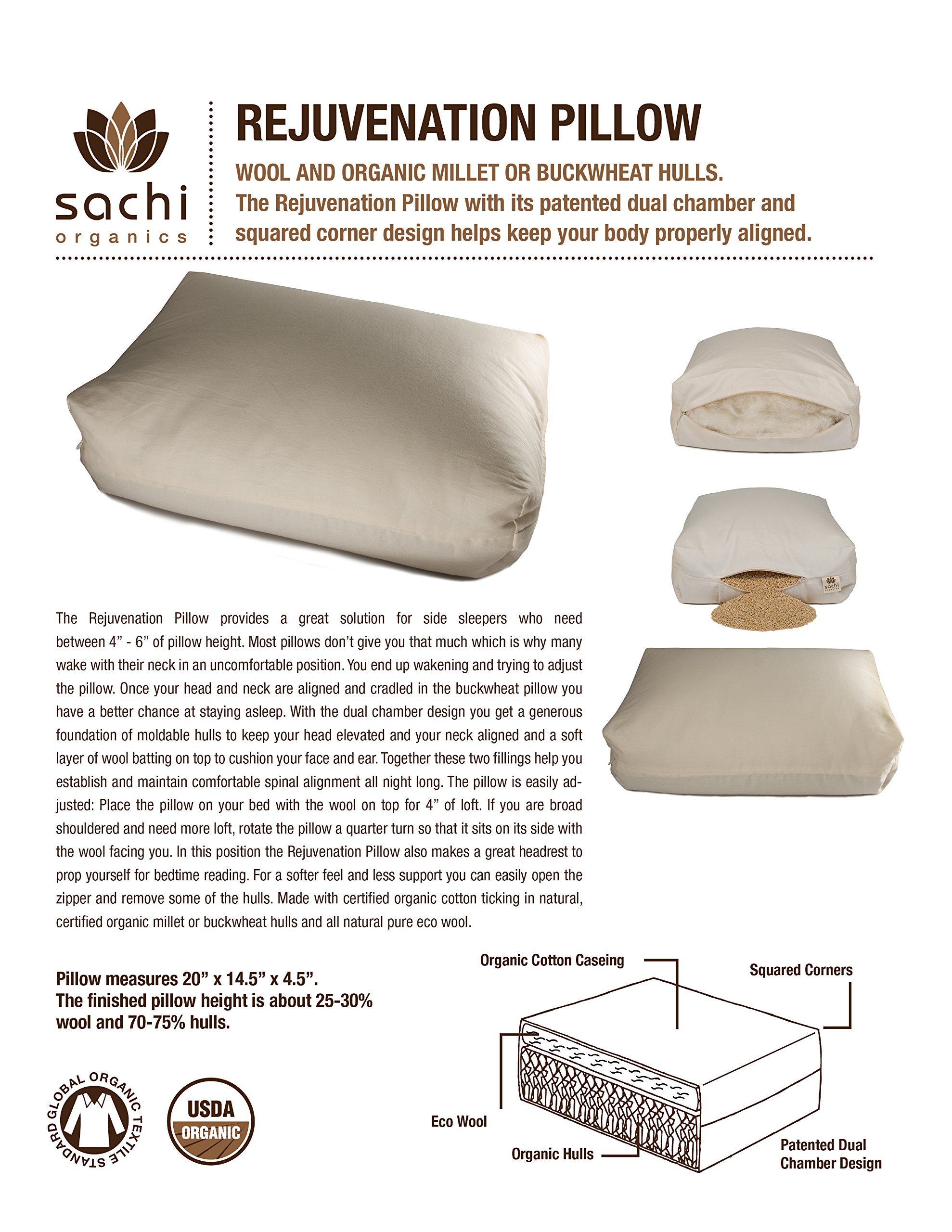 Organic Buckwheat Hull & Natural Wool Rejuvenation Pillow for Neck Pain Relief - Perfect for Side Sleepers, Back Pain Sufferers & Stress Relief at Home or Office
