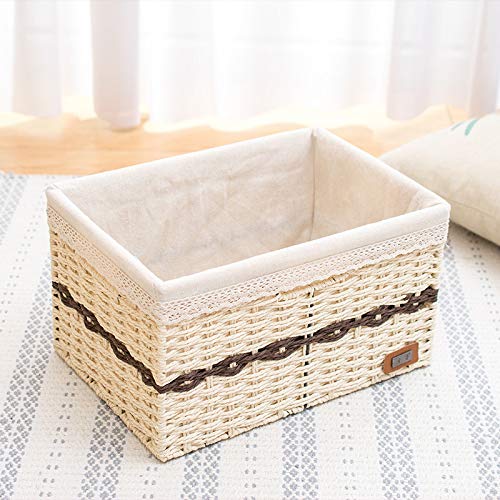 Straw Woven Storage Basket with Lid - Rattan Desktop Organizer for Snacks, Remote Controls - Set of 2 (39x28x26cm) | Perfect for Home, Office & Nursery Organization