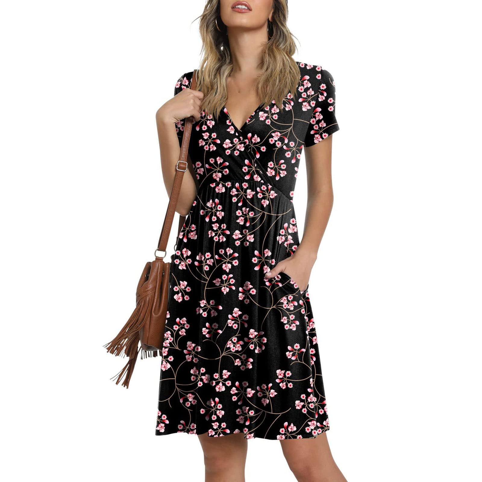 Women's Casual Black Summer Dress 2022 - Elegant Short Sleeve V-Neck Loose Comfortable Dress for Daily Wear, Office, Party & Vacation