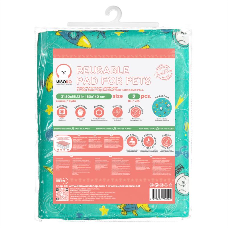 Misoko Reusable Pet Pads with Rockets Design - Mint Green, 2-Pack - Absorbent & Washable for Dogs, Cats, Puppies, and Kittens - Perfect for Training, Crate Lining, and Travel Use