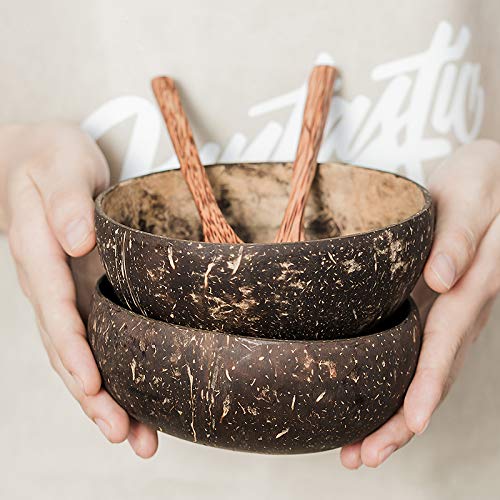2-Pack Natural Coconut Bowls - Handcrafted Wooden Rice & Noodle Bowls for Fruit Salad, Decor, and Serving | Eco-Friendly Coconut Shell Dishes for Kitchen, Dining, and Home Decor
