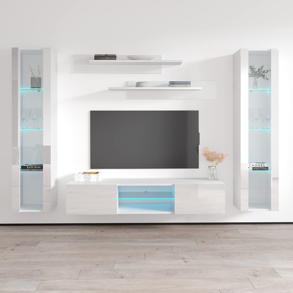 Modern Floating TV Stand with Storage & LED Lights - Wall-Mounted Entertainment Center Console for Bedroom & Living Room - White Meble Furniture Fly AB2 33TV Stand with Shelves - Perfect for Small Spaces, Apartments & Home Theater Setups