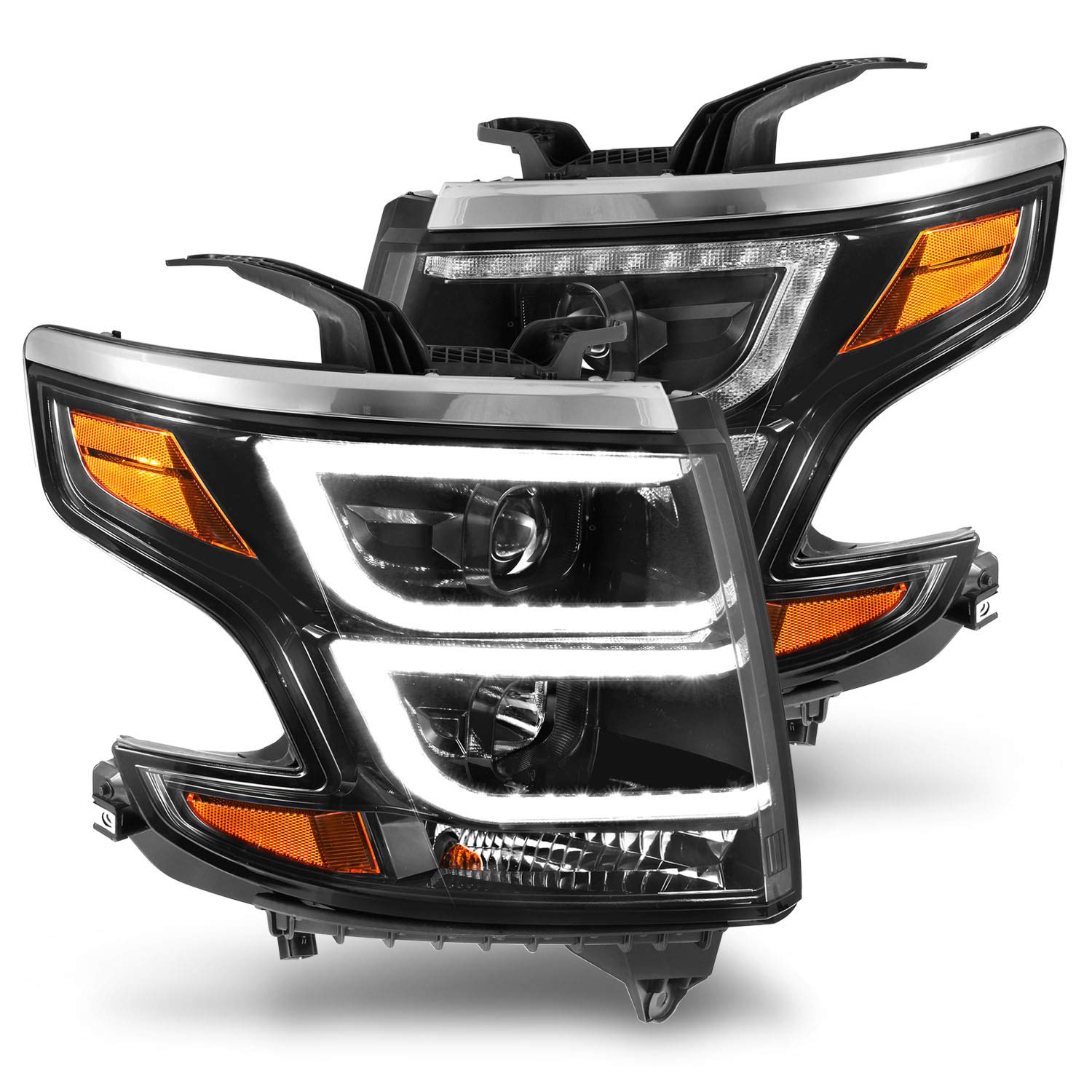 2015-2019 Chevy Tahoe Suburban Black Projector Headlight Lamps Set - LED Light Bar Style for Off-Road & Night Driving - Upgrade Your Truck's Look & Visibility