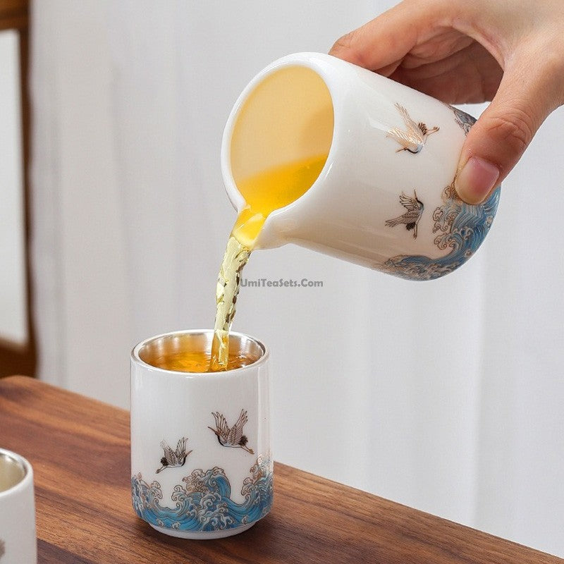 Premium Handcrafted Jade Porcelain Tea Set with Inner Silver Lining - Elegant Chinese Tea Ceremony Gift Set for Home, Office & Meditation Use