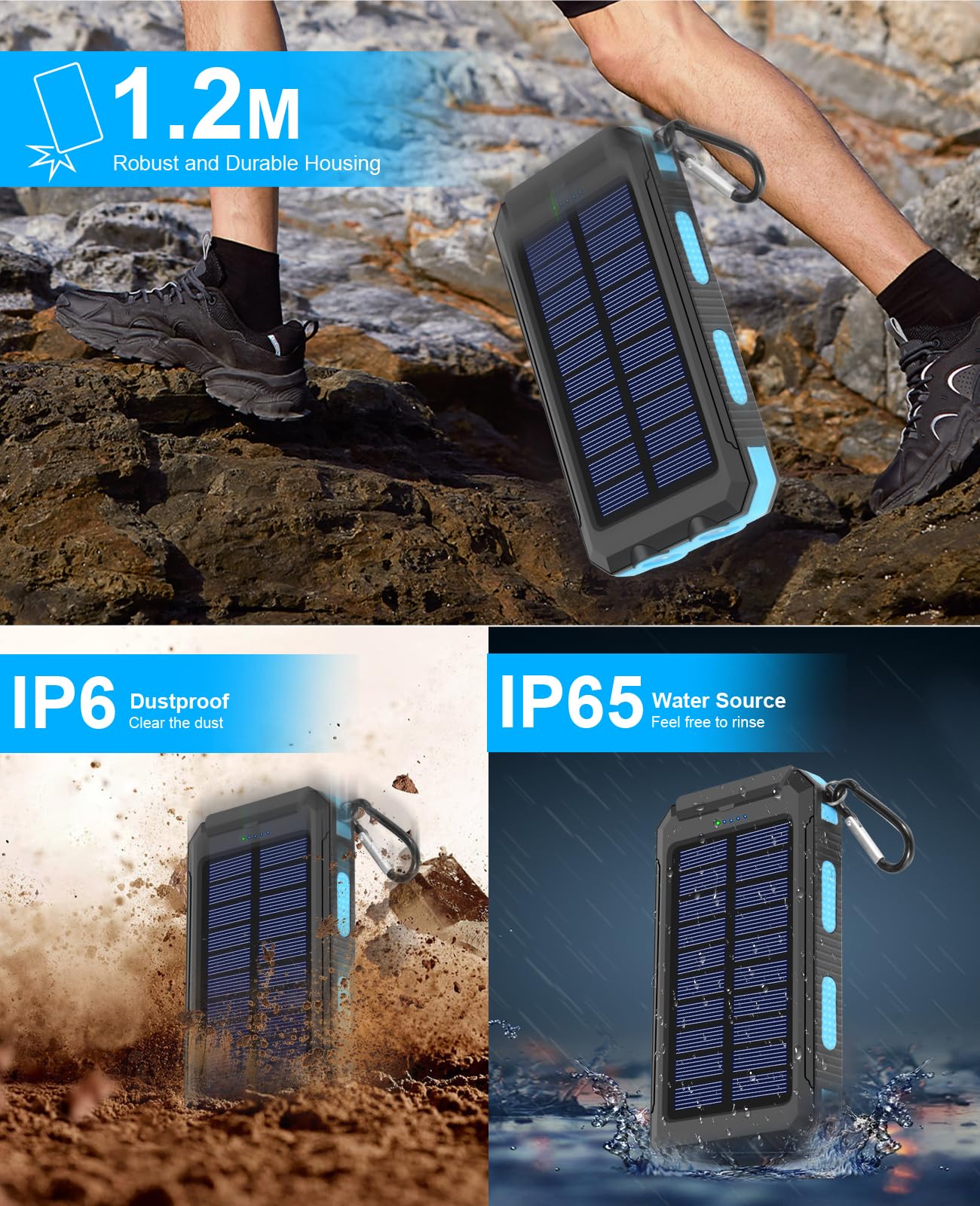 ERRBBIC 38800mAh Solar Power Bank - Waterproof Portable Charger with Dual LED Flashlights | Fast Solar Panel Charging for Phones & Devices | Perfect for Outdoor Camping, Hiking, Emergency Power Backup
