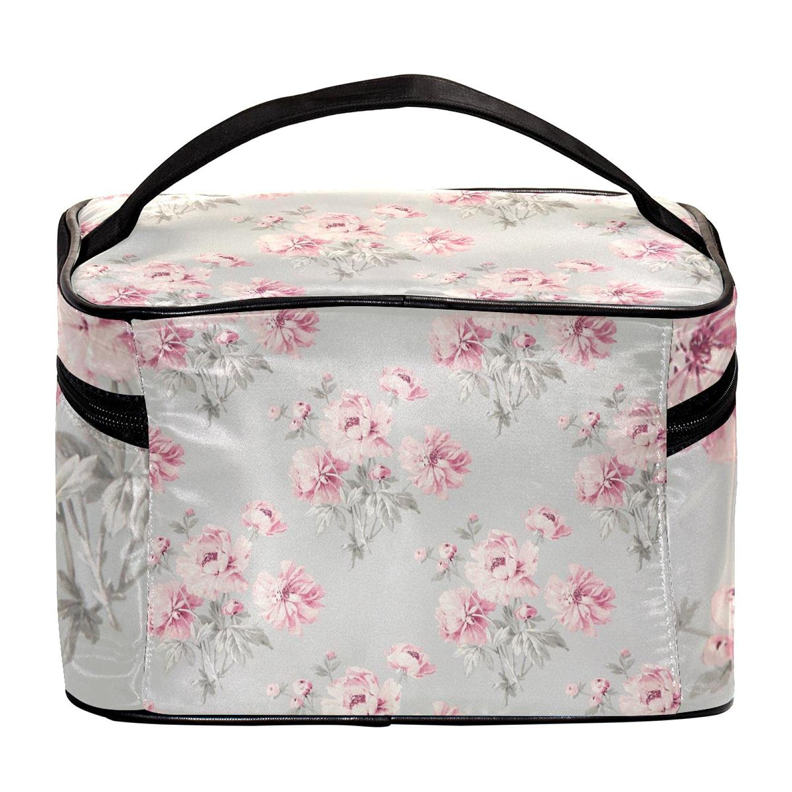 **Pink Floral Print Large Travel Makeup Bag for Women – Waterproof Cosmetic Organizer with Zipper, Perfect for Toiletries, Travel, Gym & Daily Use**